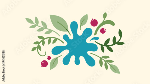 Vibrant Blue Paint Splatter with Green Leaves and Red Berries.