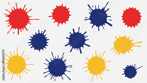Vibrant Red Blue Yellow Ink Splatters and Paint Blots Collection.