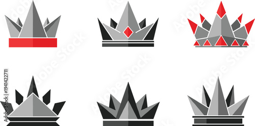 Vector illustration of stylized crown icons in geometric shapes with gray, black, and red accents for royalty and achievement artwork
