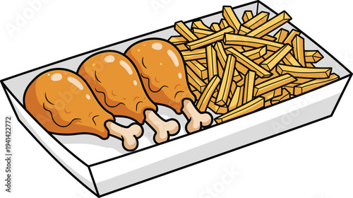 Vector illustration of fast food tray with fried chicken drumsticks and French fries for restaurant, snack, and casual dining artwork