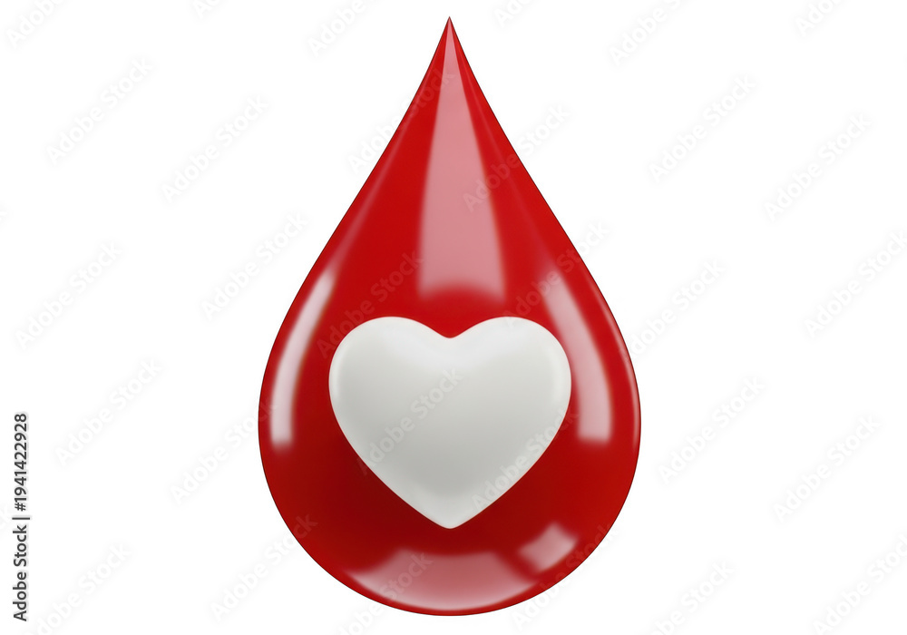 Fototapeta premium A red blood drop with a white heart symbol inside, isolated on transparent background