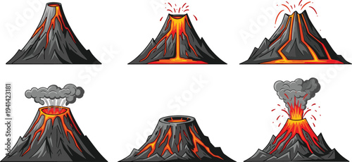 Vector illustration of cartoon volcanoes in different eruption stages with lava, smoke, and ash for geology, education, and nature artwork