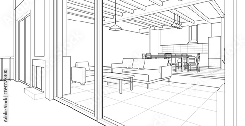  interior kitchen living room 3d illustration	
