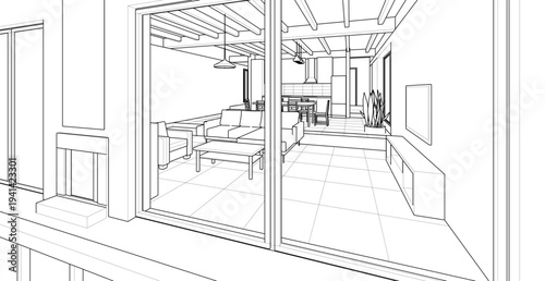  interior kitchen living room 3d illustration	
