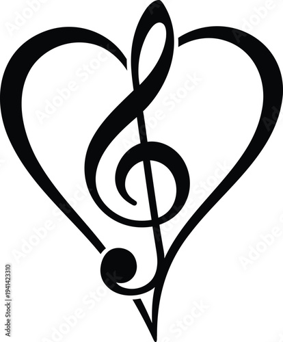Stylized heart with a musical treble clef in the center, black outline