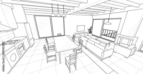  interior kitchen living room 3d illustration	
