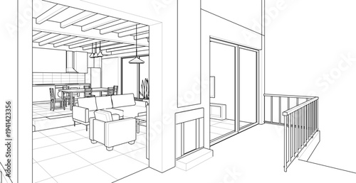  interior kitchen living room 3d illustration	
