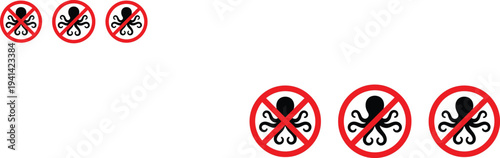 No octopus sign symbol, prohibited octopus icon warning, seafood restriction concept, marine animal ban label isolated vector illustration