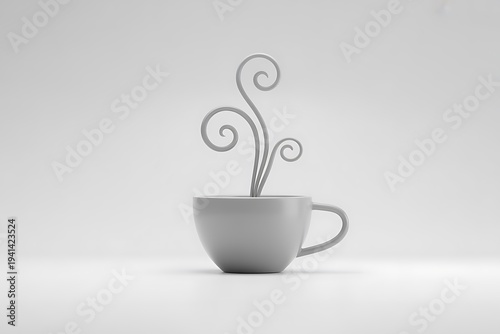 A simple white coffee cup with steaming hot coffee on a plain background
