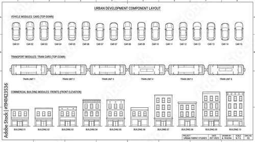 Urban Development Blueprint Layout, Technical Drawing with Car Top Views Train Modules and Commercial Building Elevations for Architecture Planning Design