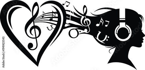 Silhouette of a woman with musical notes and headphones