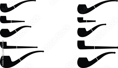 Vintage Tobacco Smoking Pipe Silhouette Collection, Classic Wooden Pipe Shapes for Retro Smoker Culture Illustration and Accessory Design