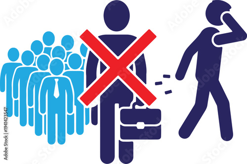 Silhouette of rejected person isolated on transparent background leaving crowd