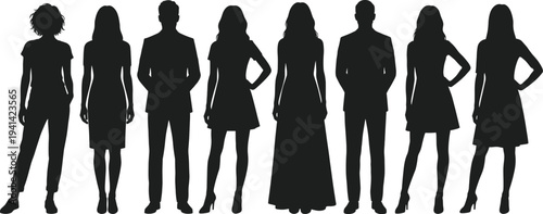 People silhouettes collection, men and women standing poses, diverse human characters set, fashion and lifestyle vector illustration