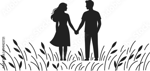 Romantic couple holding hands silhouette in grass field, love relationship concept, man and woman together outdoor illustration
