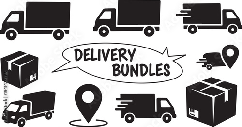 Delivery bundles and shipping icons in black and white