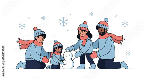 A family of four dressed in winter clothing playing with a dog in a snowy scene with a clean white background.