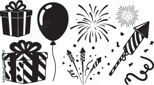 Celebration icons including gifts, balloon, and fireworks on white