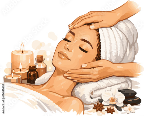  Create a realistic woman receiving a facial massage in a luxury spa bathed in aromatic candlelight. High-quality beauty imagery for beauty salons symbolizing relaxation and beauty care. vector art.