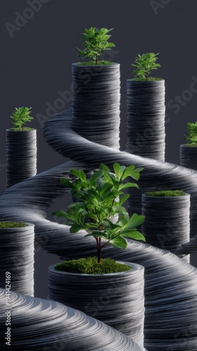 Stacks of coins arranged in a spiral pattern, featuring small plants growing from the top of each stack against a dark background