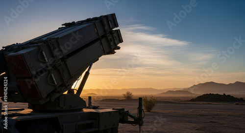 Missile Defense Shield, Mobile surface-to-air missile battery deployed in a vast desert landscape, matte charcoal tactical launcher tubes tilted toward the sky