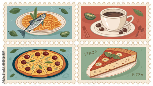 Mediterranean food collection vector stamps featuring pasta coffee pizza and cuisine elements