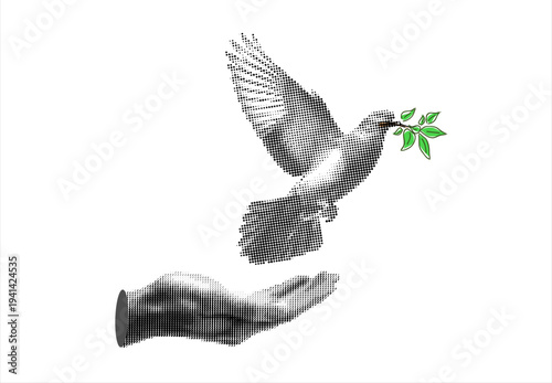 Trendy Halftone Collage releasing a dove with olive branch from hand to flight. Bird symbol of peace and freedom. Concept for logo, card, banner, poster
