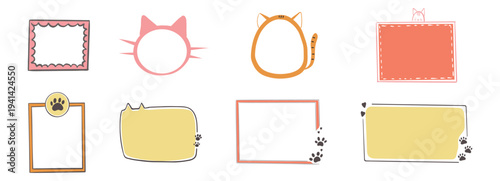 Empty cute cat or dog, pet frame set, speech bubble with ears and tail, border with paw print. Doodle sketch hand drawn elements. Footprint badge, border divider. 