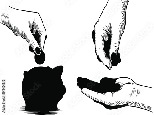 Black silhouettes of hands putting coins into piggy bank and giving charity for financial savings design