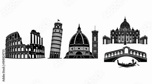 Italy Landmark Vector Silhouette Icon Set Featuring Colosseum, Leaning Tower of Pisa, Florence Cathedral, St. Peter’s Basilica, and Venetian Bridge with Gondola for Travel and Design Use