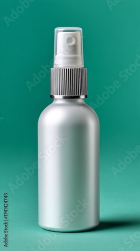 Silver mouth spray bottle on a pastel teal background, highlighting its sleek design and versatile usability