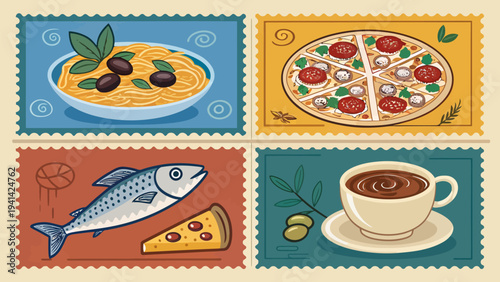 Mediterranean food collection vector stamps with pasta pizza fish coffee and slices