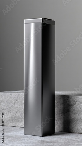 A sleek, matte black toner cartridge box stands upright on a gray seamless backdrop, exuding a modern office aesthetic