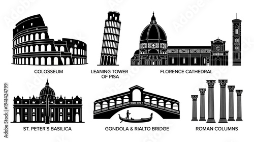 Italy Landmark Vector Silhouette Icon Set Featuring Colosseum, Leaning Tower of Pisa, Florence Cathedral, St. Peter’s Basilica, and Venetian Bridge with Gondola for Travel and Design Use