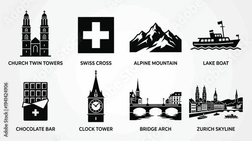 Switzerland Landmark Vector Silhouette Icon Set Featuring Grossmunster, Swiss Cross, Alpine Mountain, Lake Boat, Chocolate Bar, Clock Tower, Bridge, and Zurich Skyline for Culture and Design Use