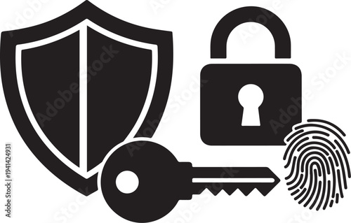 Security and protection concept with shield, lock, key, fingerprint