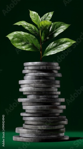 Stack of coins arranged like leaf veins with a small green sprout emerging at the top against a dark green background