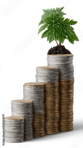 Stack of coins forming an upward staircase with a green sapling at the top, symbolizing growth and investment
