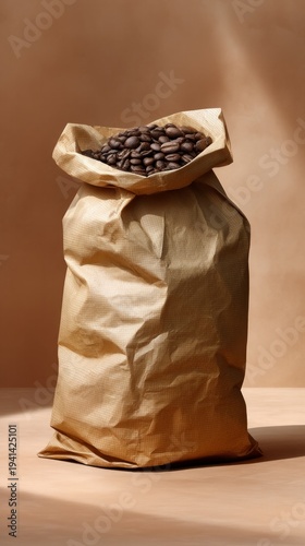 Unbranded brown paper coffee bean bag on a beige surface, filled with dark roasted coffee beans, casting soft shadows
