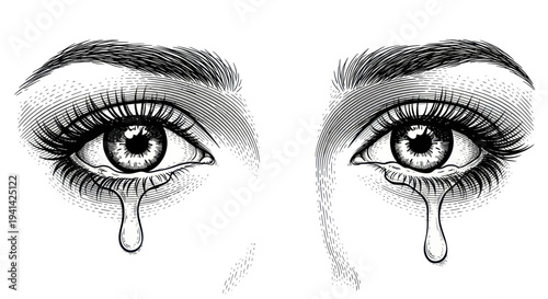 Close-up of sad, tearful eyes in vintage engraving style illustration