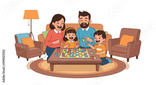 A family of four playing a board game together on a coffee table in a cozy living room with warm tones and casual furniture.