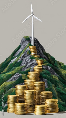 Stacks of gold coins arranged to resemble a mountain, topped with a wind turbine against a grey background