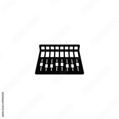 Solid fill of a black and white studio mixing console with multiple sliders and buttons
