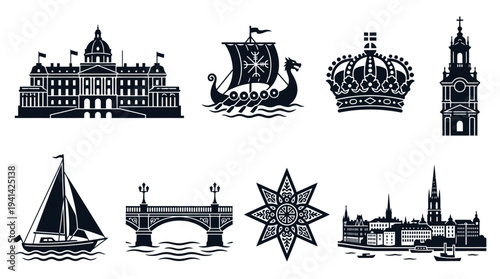European Landmark Vector Silhouette Icon Set Featuring Palace, Viking Ship, Royal Crown, Clock Tower, Sailboat, Stone Bridge, Compass Rose, and City Skyline for Culture and Design Use