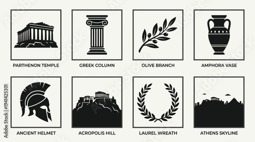 Ancient Greece Landmark Vector Silhouette Icon Set Featuring Parthenon, Column, Olive Branch, Amphora Vase, Helmet, Acropolis Hill, Laurel Wreath, and Athens Skyline for Culture and Design Use