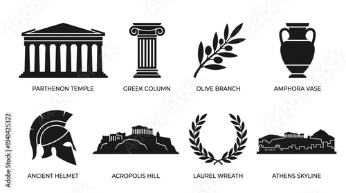 Ancient Greece Landmark Vector Silhouette Icon Set Featuring Parthenon, Column, Olive Branch, Amphora Vase, Helmet, Acropolis Hill, Laurel Wreath, and Athens Skyline for Culture and Design Use