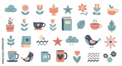 Collection of charming folk art inspired illustrations featuring nature and everyday objects.