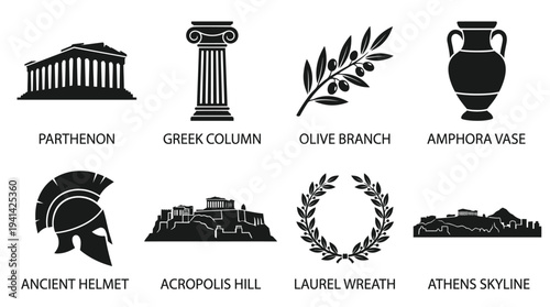 Ancient Greece Landmark Vector Silhouette Icon Set Featuring Parthenon, Column, Olive Branch, Amphora Vase, Helmet, Acropolis Hill, Laurel Wreath, and Athens Skyline for Culture and Design Use