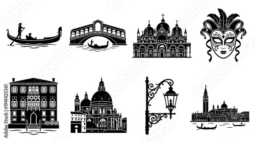 Venice Landmark Vector Silhouette Icon Set Featuring Gondola, Rialto Bridge, St. Mark’s Basilica, Carnival Mask, Canal Scene, Santa Maria Dome, Lamp, and Skyline for Travel and Design Use