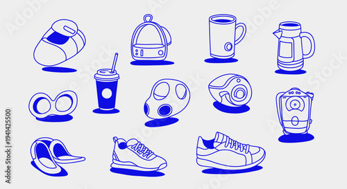 Collection of everyday objects in a minimalist blue outline style.